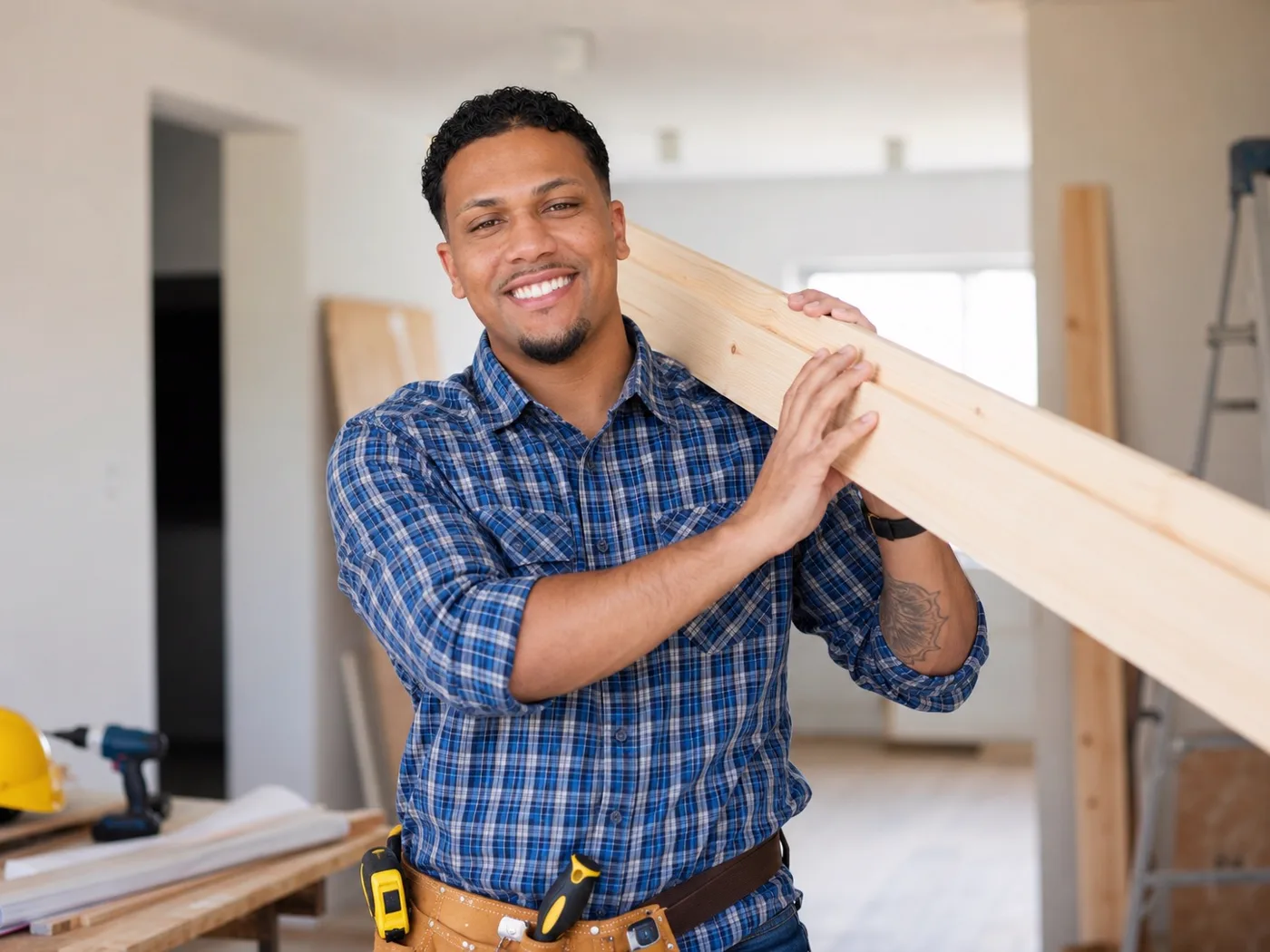 Carpenter from Brayan's Finish carrying lumber on an active job site